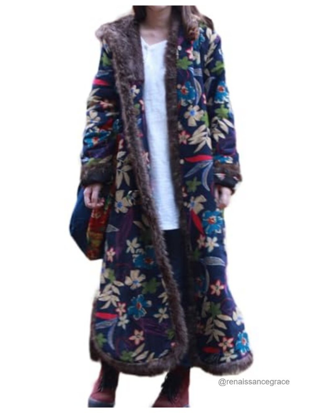 Cotton Linen Floral Print Quilted Long Overcoat Hooded Faux Fur Winter Coat